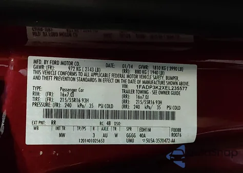 2014 Ford Focus Se z USA, uszkodzony, nr VIN 1FADP3K2XEL235577